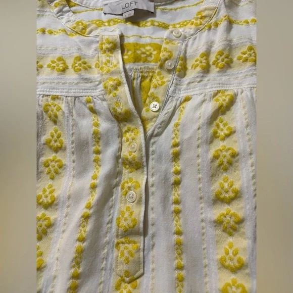 Loft Butter Yellow and Cream Long Sleeve Embellished Blouse. 3/4 Button Up. - Picture 5 of 13